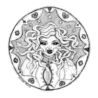 a drawing of a woman with long hair in a circle